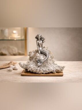 Mermaid on Seashell Resin Statue Figurine Nautical Decor 6.5"